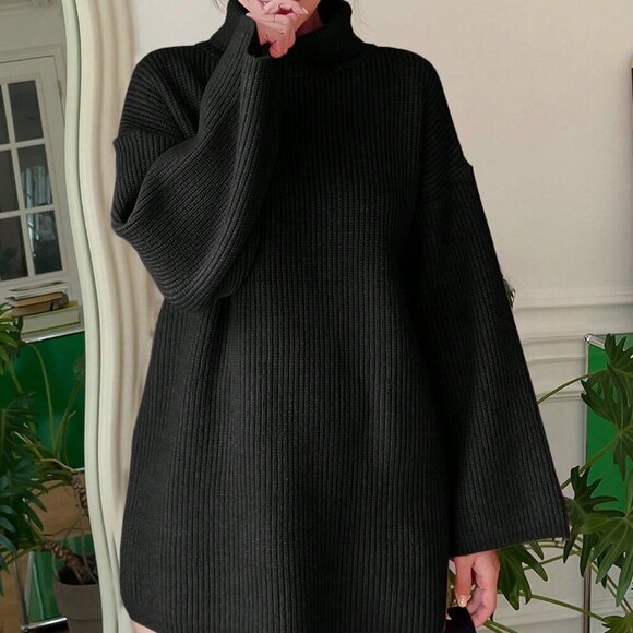 Black Casual Women's High Neck Drop Shoulder Sleeve Sweater - Picture 2 of 5